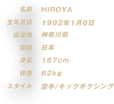 HIROYA 1992年1月6日生まれ　神奈川県　日本　167cm　62kg　空手/キックボクシング