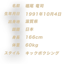 堀尾 竜司 1991年10月4日生まれ　滋賀県　日本　166cm　60kg　キックボクシング
