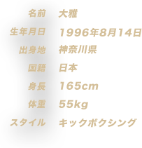 大雅 1996年8月14日生まれ　神奈川県　日本　162cm　60kg　キックボクシング